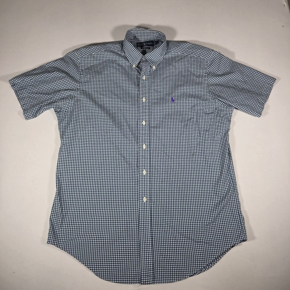 Ralph Lauren‎ Shirt Short Sleve Gingham Checker Print Mens Large Classic Fit